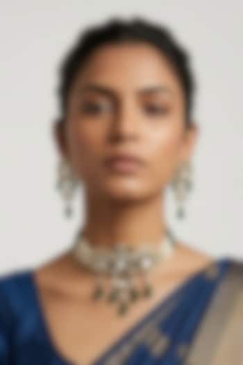 Gold Finish Green Kundan Polki & Beaded Choker Necklace Set by Gehna Shop at Pernia's Pop Up Shop