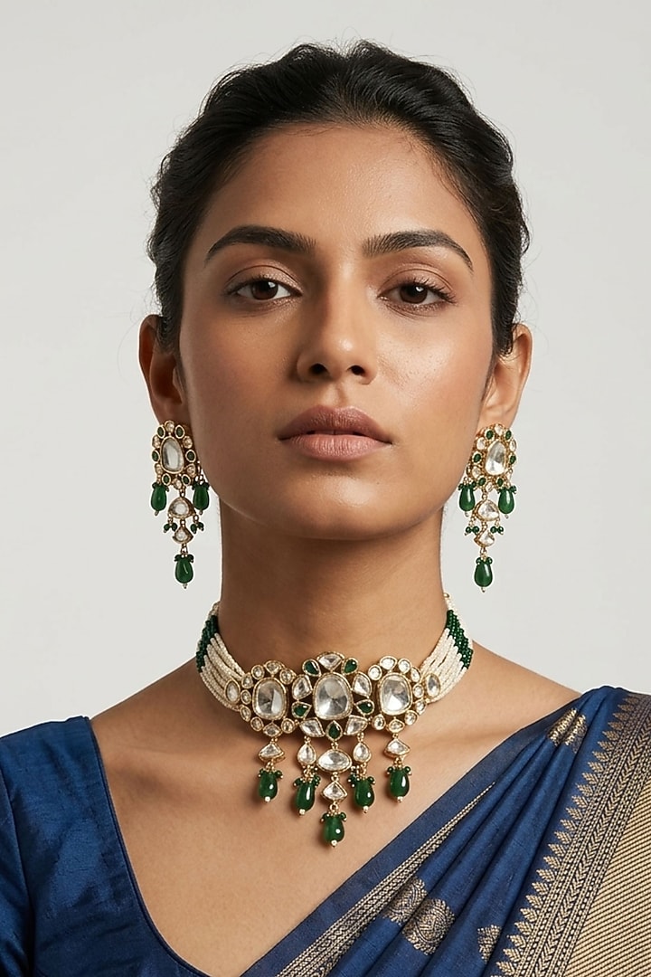 Gold Finish Green Kundan Polki & Beaded Choker Necklace Set by Gehna Shop at Pernia's Pop Up Shop