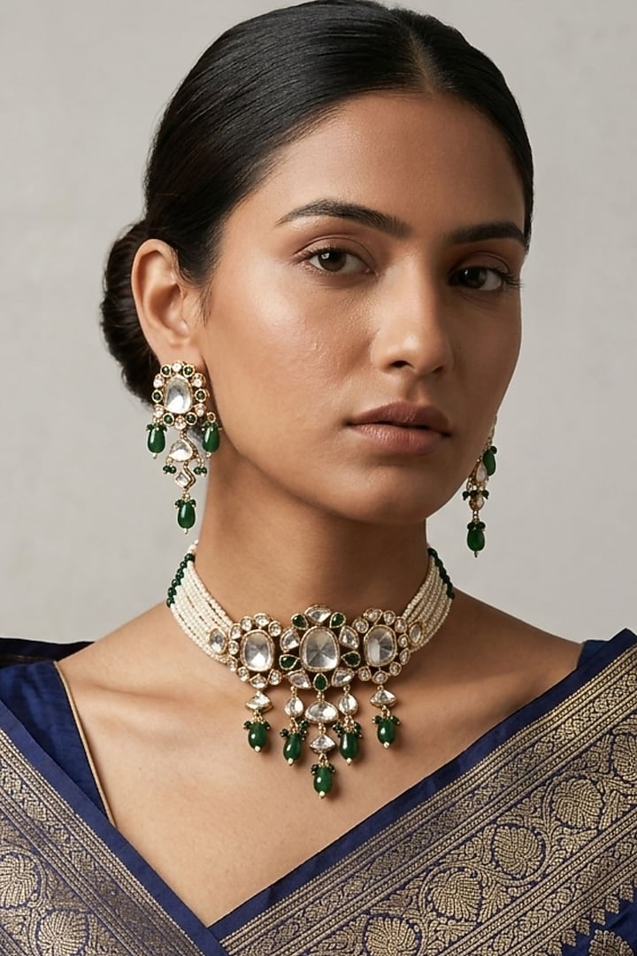 Gold Finish Green Kundan Polki & Beaded Choker Necklace Set by Gehna Shop at Pernia's Pop Up Shop