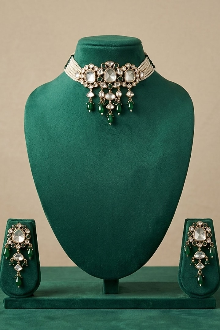 Gold Finish Green Kundan Polki & Beaded Choker Necklace Set by Gehna Shop at Pernia's Pop Up Shop