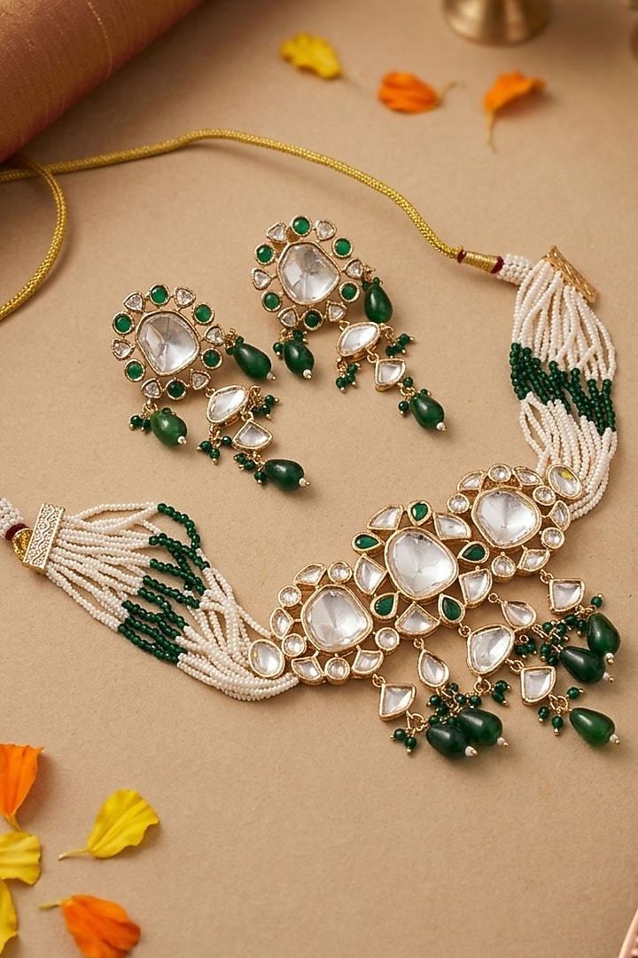 Gold Finish Green Kundan Polki & Beaded Choker Necklace Set by Gehna Shop at Pernia's Pop Up Shop