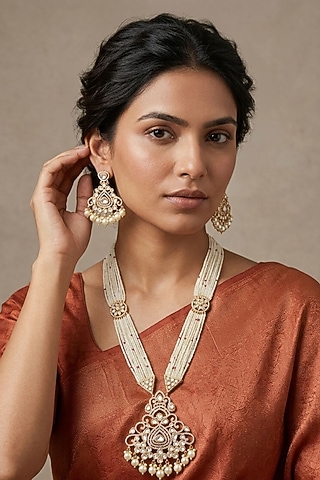 Rose Gold Finish Kundan Polki & Beaded Long Necklace Set by Gehna Shop