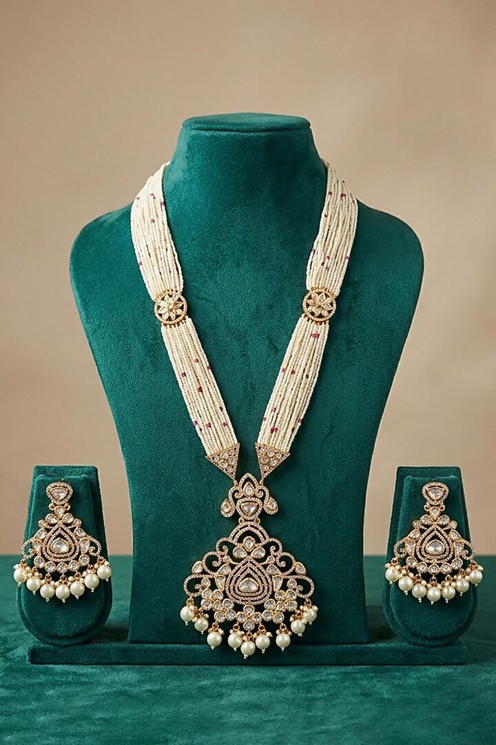 Rose Gold Finish Kundan Polki & Beaded Long Necklace Set by Gehna Shop at Pernia's Pop Up Shop
