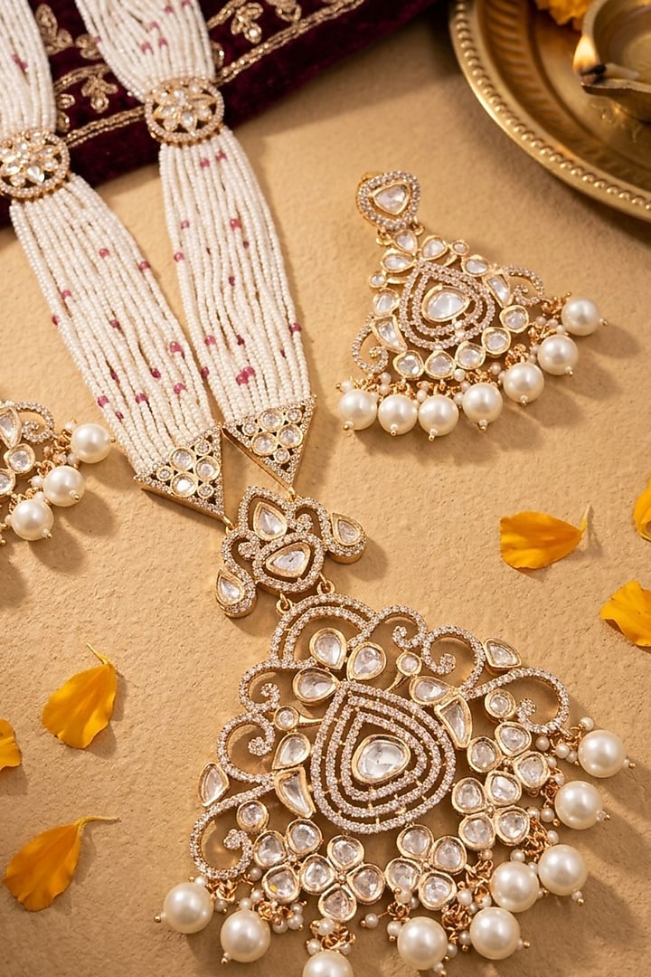Rose Gold Finish Kundan Polki & Beaded Long Necklace Set by Gehna Shop at Pernia's Pop Up Shop