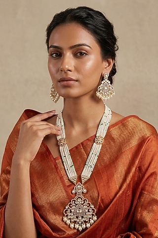 Rose Gold Finish Kundan Polki & Beaded Long Necklace Set by Gehna Shop