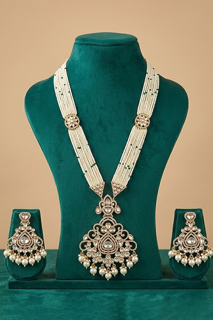 Rose Gold Finish Kundan Polki & Beaded Long Necklace Set by Gehna Shop at Pernia's Pop Up Shop