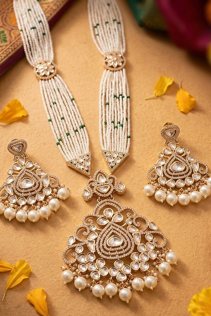 Rose Gold Finish Kundan Polki & Beaded Long Necklace Set by Gehna Shop at Pernia's Pop Up Shop