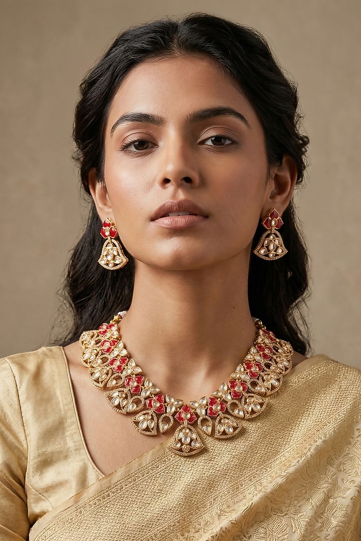 Gold Finish Red Kundan Polki Necklace Set by Gehna Shop at Pernia's Pop Up Shop
