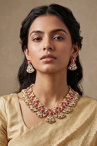 Gold Finish Red Kundan Polki Necklace Set by IndieBlingz