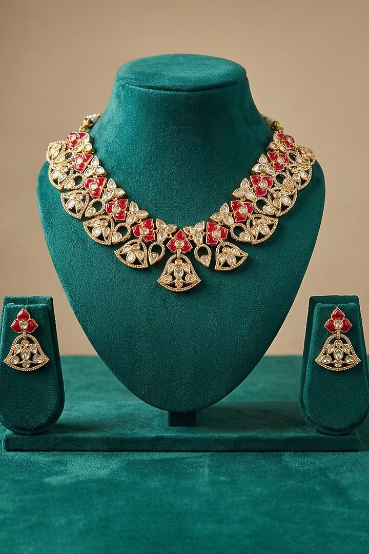 Gold Finish Red Kundan Polki Necklace Set by Gehna Shop at Pernia's Pop Up Shop