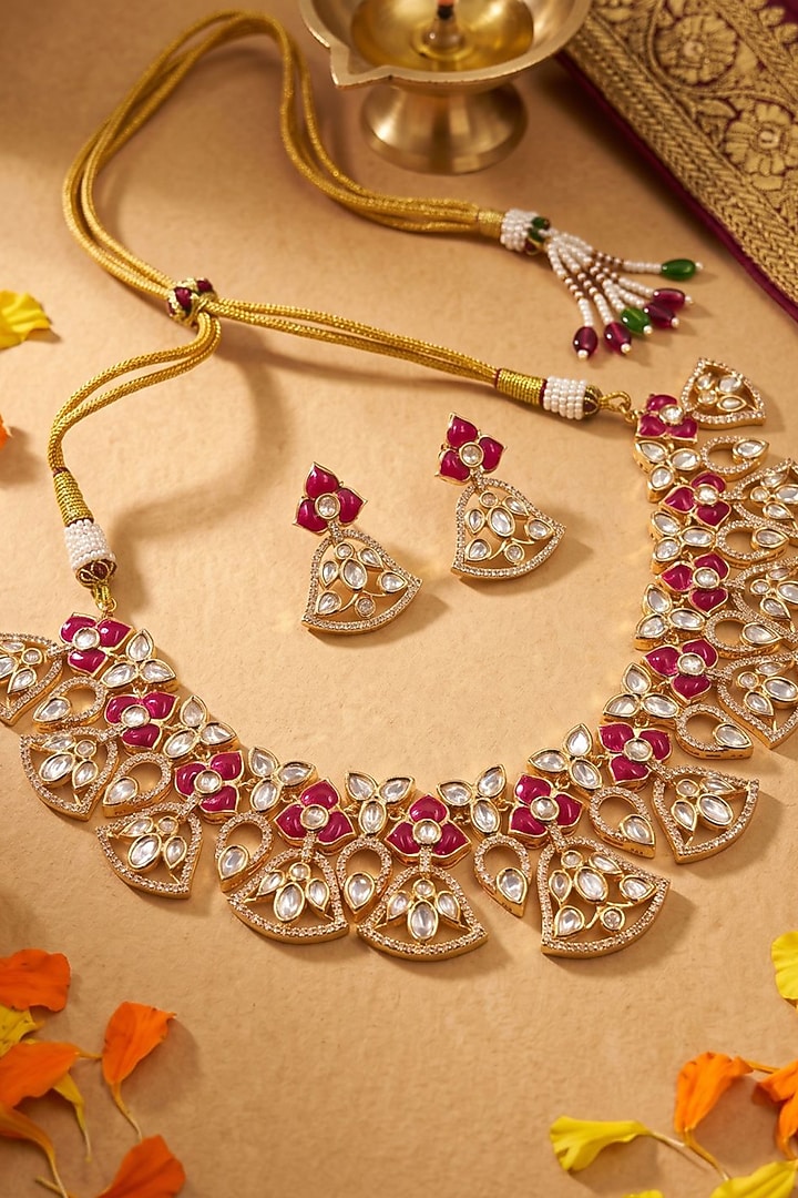 Gold Finish Red Kundan Polki Necklace Set by Gehna Shop at Pernia's Pop Up Shop