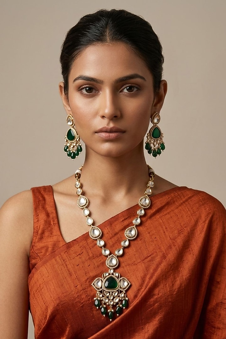 Gold Finish Kundan Polki Pendant Necklace Set by Gehna Shop at Pernia's Pop Up Shop