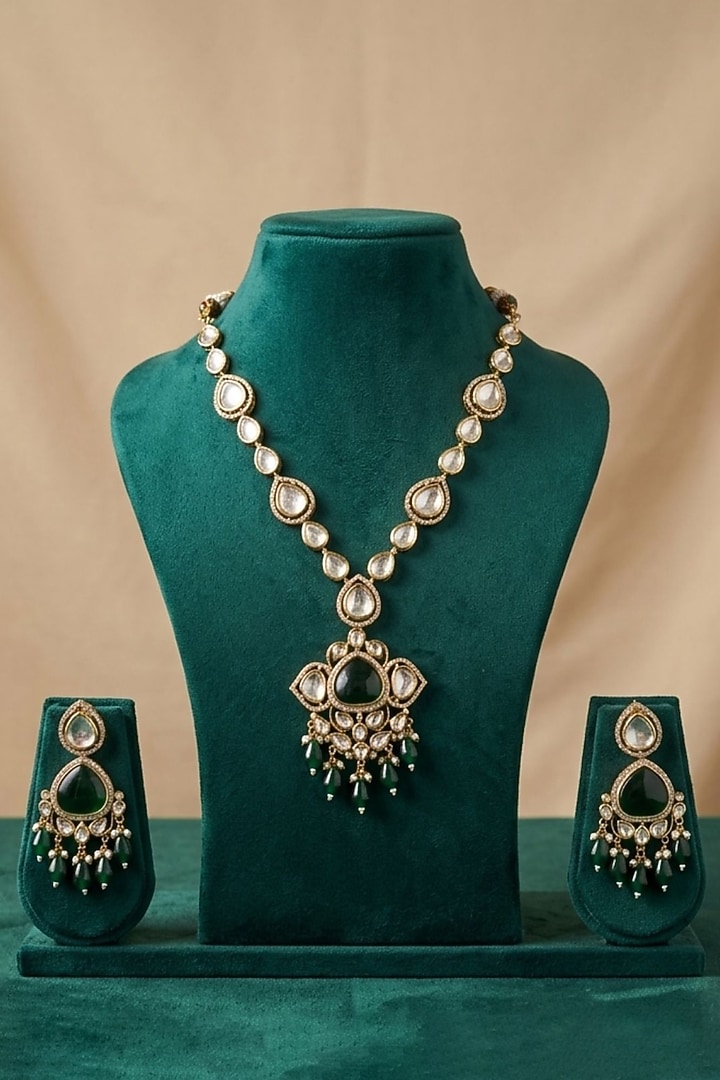 Gold Finish Kundan Polki Pendant Necklace Set by Gehna Shop at Pernia's Pop Up Shop