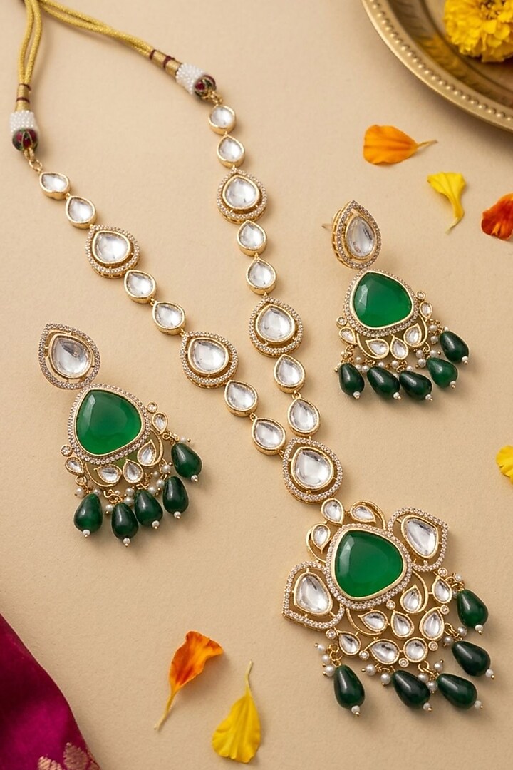 Gold Finish Kundan Polki Pendant Necklace Set by Gehna Shop at Pernia's Pop Up Shop