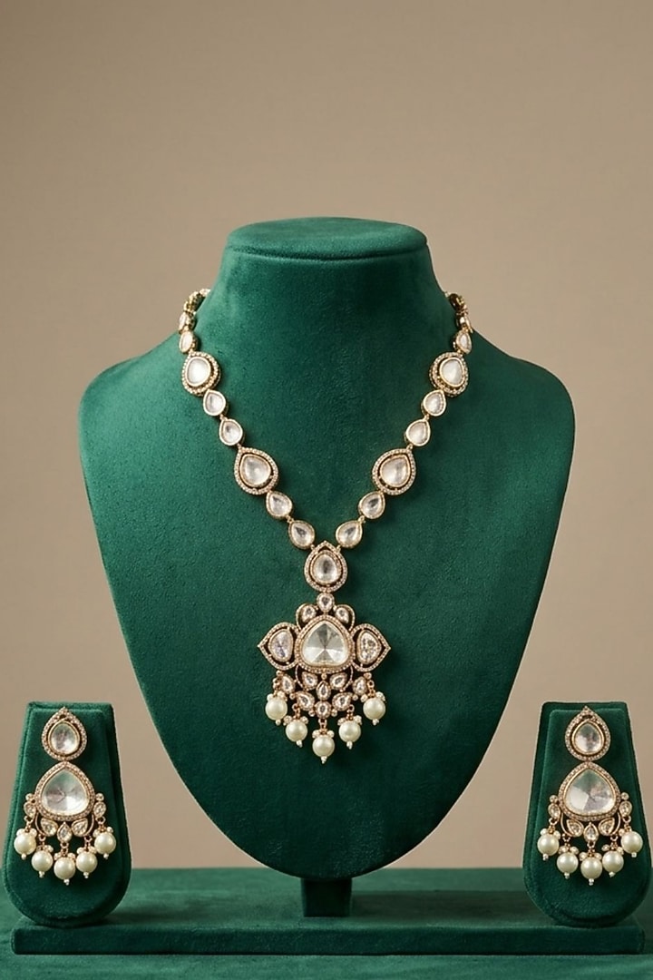 Gold Finish Kundan Polki Pendant Necklace Set by Gehna Shop at Pernia's Pop Up Shop