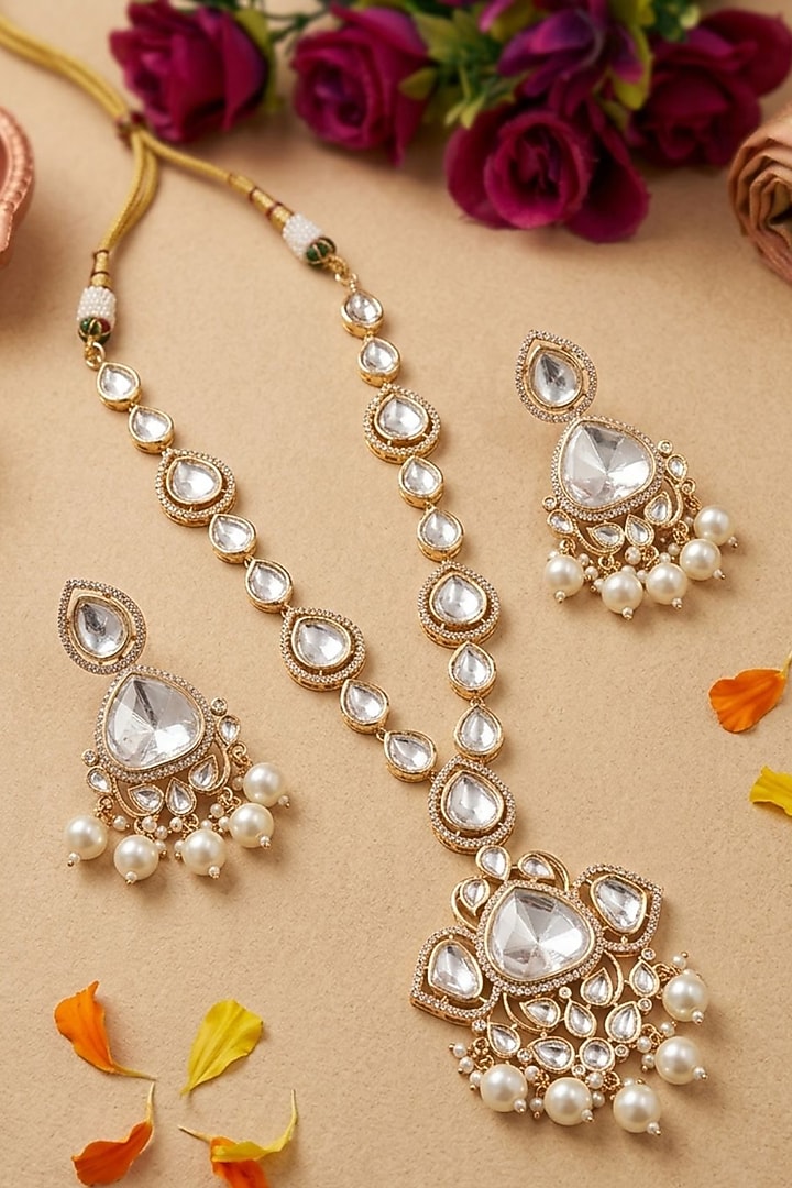 Gold Finish Kundan Polki Pendant Necklace Set by Gehna Shop at Pernia's Pop Up Shop