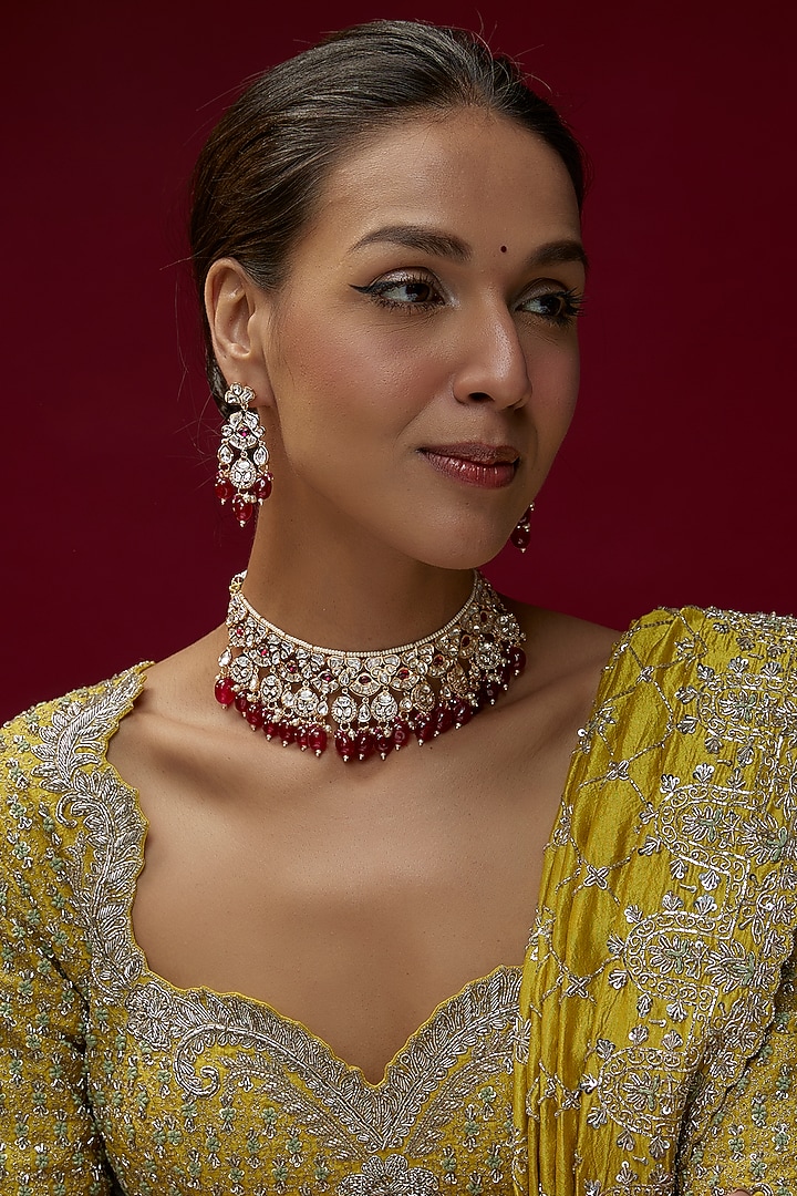 Rose Gold FInish Kundan Polki & Red Stone Choker Necklace Set by Gehna Shop at Pernia's Pop Up Shop