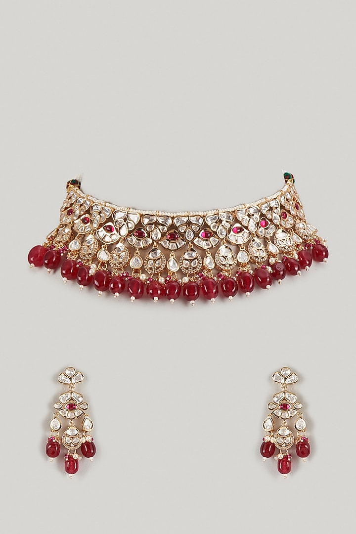 Rose Gold FInish Kundan Polki & Red Stone Choker Necklace Set by Gehna Shop at Pernia's Pop Up Shop
