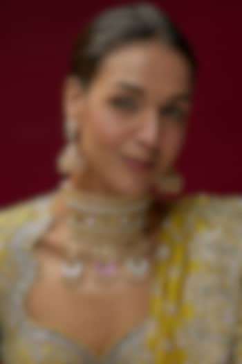 Antique Gold Finish Kundan Polki & Jadau Stone Temple Choker Necklace Set by Gehna Shop at Pernia's Pop Up Shop
