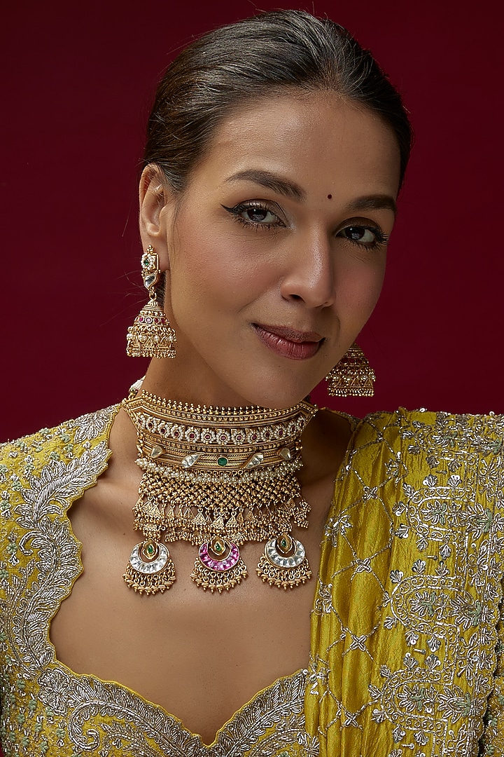 Antique Gold Finish Kundan Polki & Jadau Stone Temple Choker Necklace Set by Gehna Shop at Pernia's Pop Up Shop