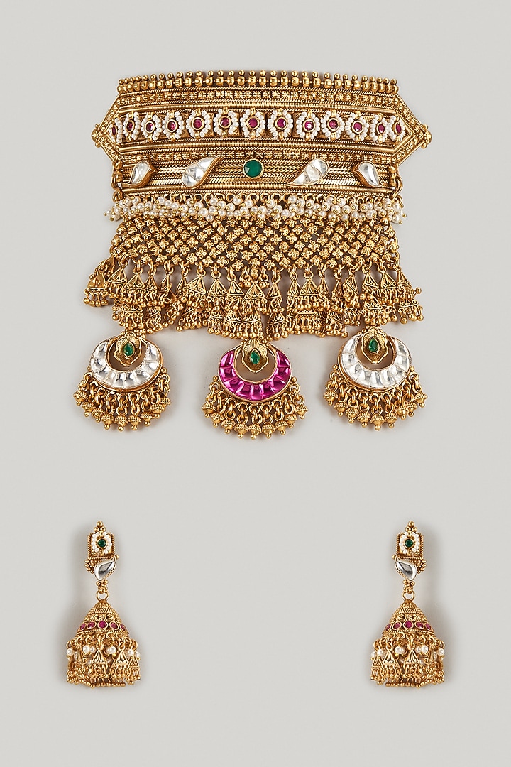 Antique Gold Finish Kundan Polki Jadau Stone Temple Choker