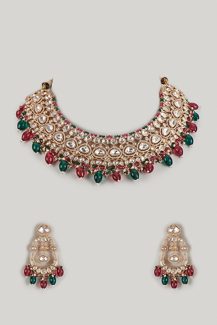 Rose Gold Finish Kundan Polki & Multi-Colored Stone Choker Necklace Set by Gehna Shop at Pernia's Pop Up Shop