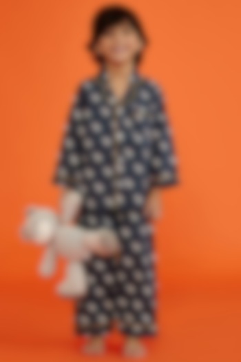 Dark Blue Cotton Printed Night Suit Set by Giggle Buns