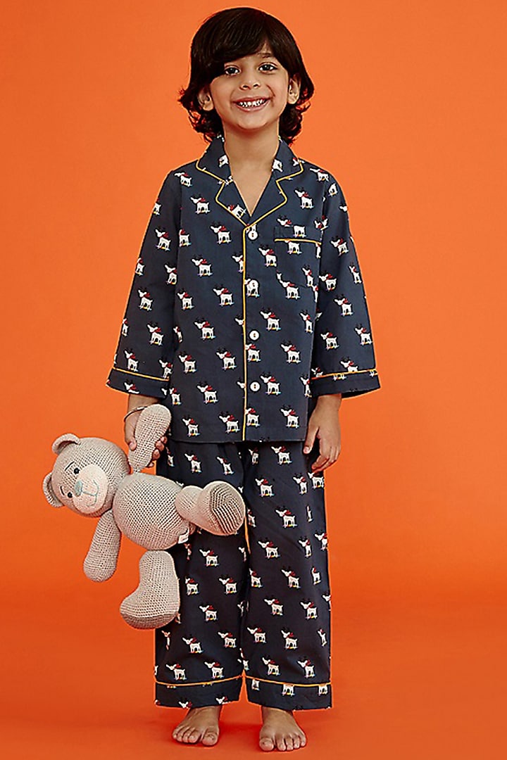 Dark Blue Cotton Printed Night Suit Set by Giggle Buns