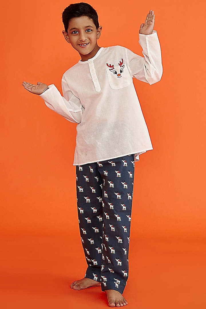 White Cotton Printed Night Suit Set by Giggle Buns