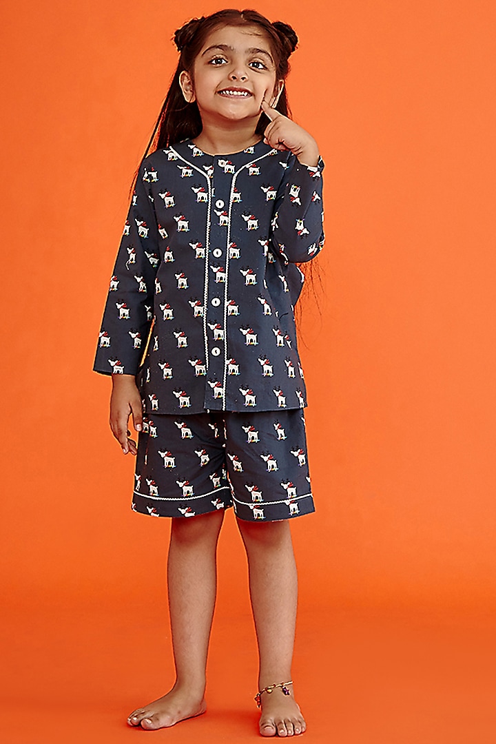 Dark Blue Cotton Printed Night Suit Set For Girls by Giggle Buns