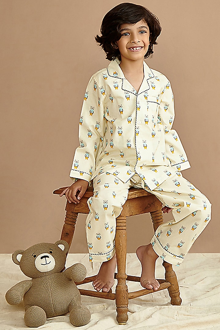 Light Yellow Cotton Printed Night Suit Set by Giggle Buns