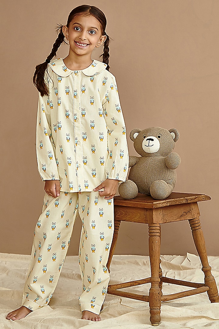 Light Yellow Cotton Printed Night Suit Set For Girls by Giggle Buns