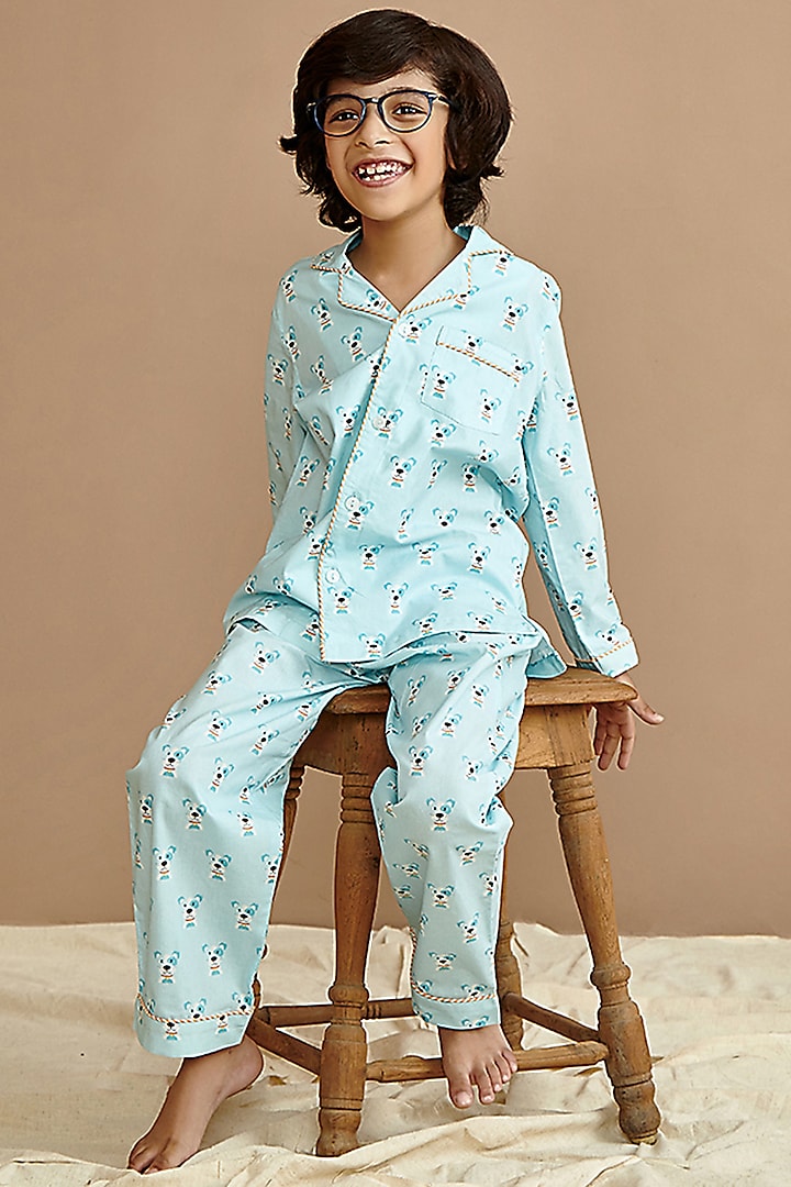 Sky Blue Cotton Coco Pooch Printed Night Suit Set by Giggle Buns