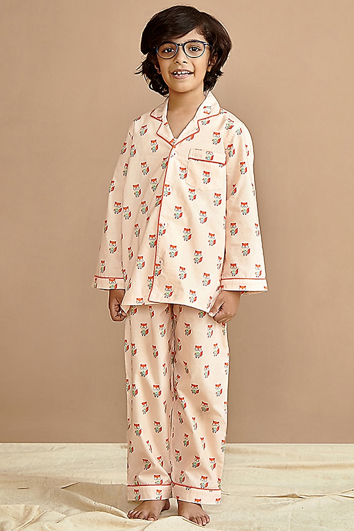 Peach Cotton Printed Night Suit Set by Giggle Buns