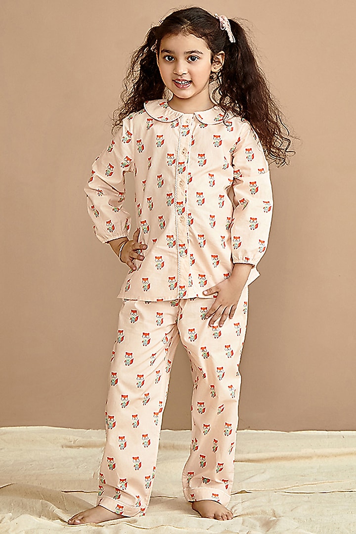 Peach Cotton Printed Night Suit Set For Girls by Giggle Buns