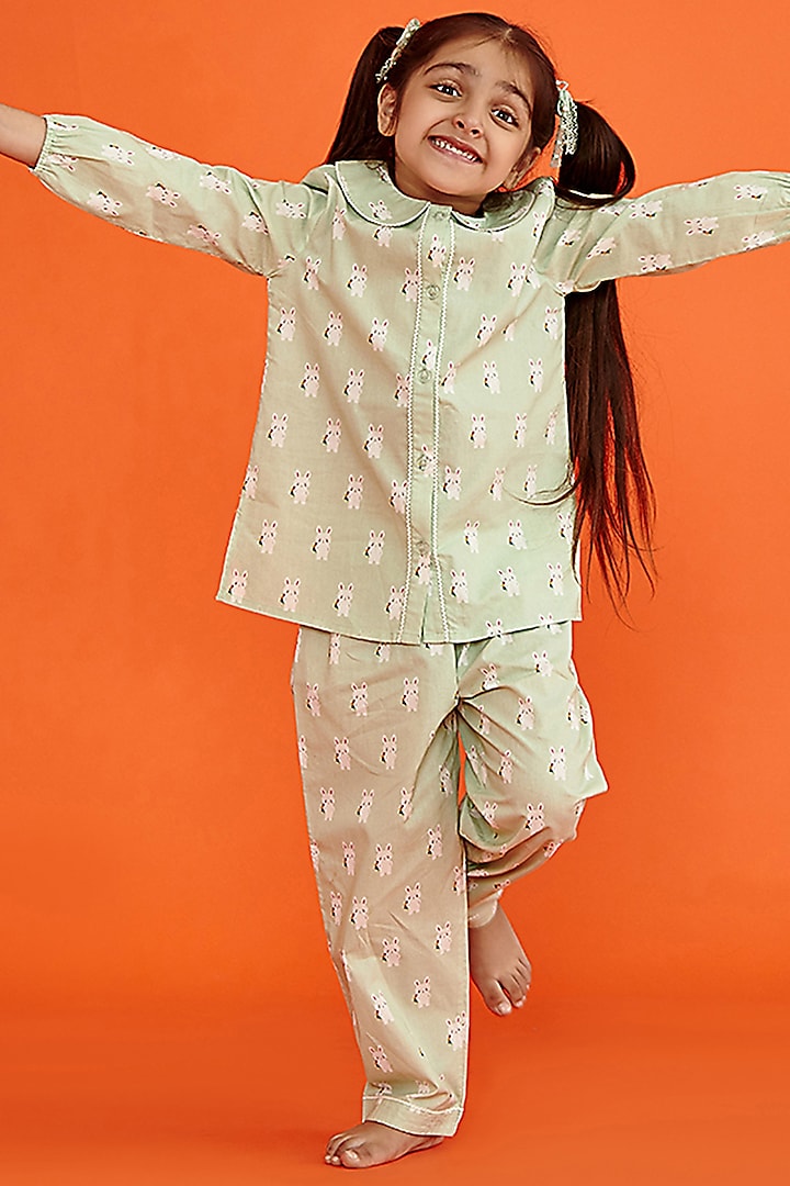 Light Green Cotton Printed Night Suit Set For Girls by Giggle Buns