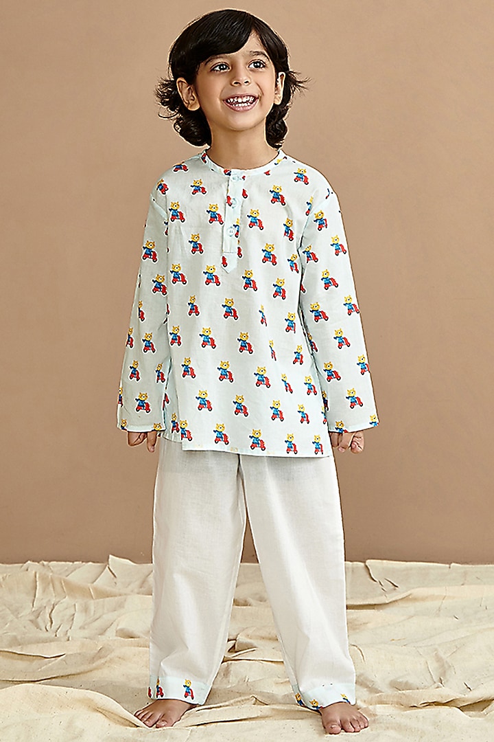 Sky Blue Cotton Printed Night Suit Set by Giggle Buns at Pernia's Pop Up Shop