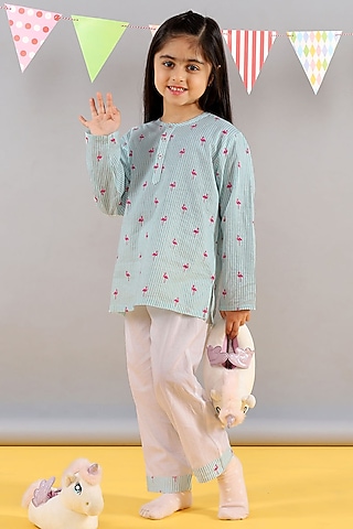 Blue Cotton Printed Nightsuit For Girls by Giggle Buns