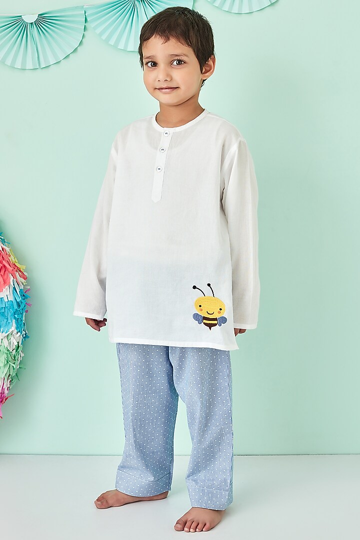 White & Blue Printed Night Suit by Giggle Buns at Pernia's Pop Up Shop