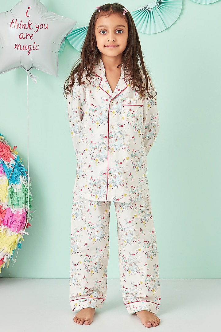 Light Pink Printed Night Suit For Girls by Giggle Buns at Pernia's Pop Up Shop