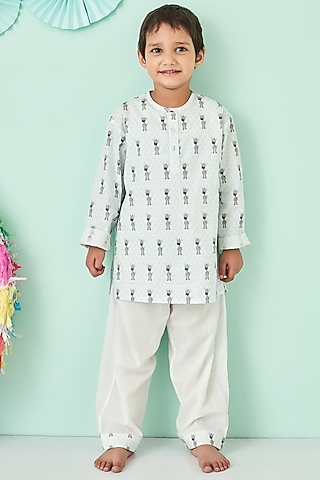Off White & Blue Printed Night Suit by Giggle Buns