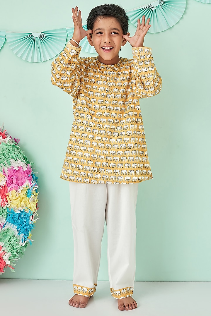 Mustard & White Printed Night Suit by Giggle Buns at Pernia's Pop Up Shop