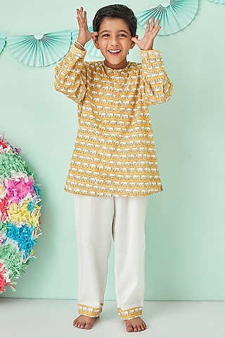 Mustard & White Printed Night Suit by Giggle Buns