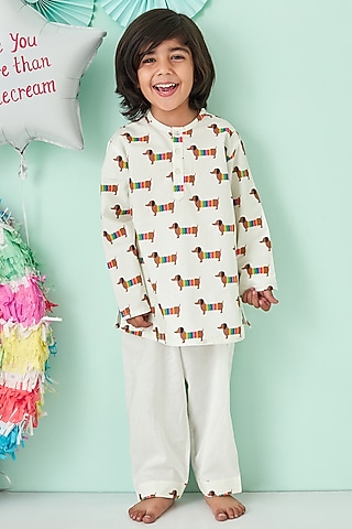 Off White Printed Night Suit by Giggle Buns