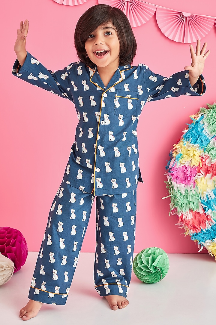Dark Blue Printed Night Suit by Giggle Buns at Pernia's Pop Up Shop