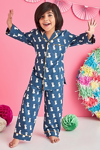 Dark Blue Printed Night Suit by Giggle Buns