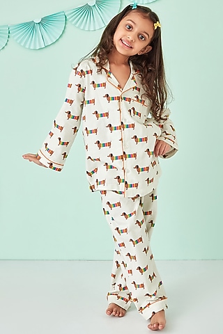 Off White Cotton Printed Night Suit by Giggle Buns
