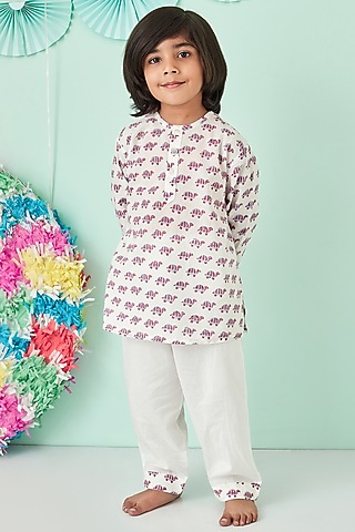 Off White Soft Cotton Printed Night Suit by Giggle Buns