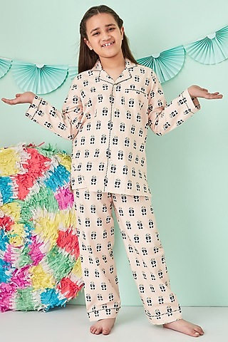Peach Printed Night Suit by Giggle Buns