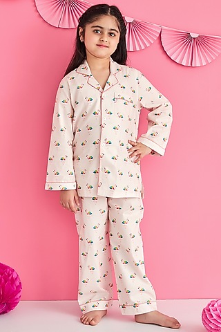 Pink Soft Cotton Printed Night Suit For Girls by Giggle Buns